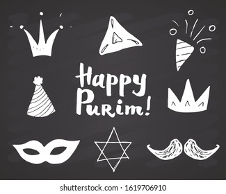 Purim Hand drawn icons set. Traditional Jewish holiday doodles elements. vector illustration on chalkboard background.