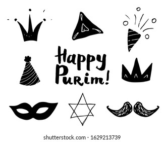 Purim Hand drawn icons set. Traditional Jewish holiday doodles elements. vector illustration isolated on white background