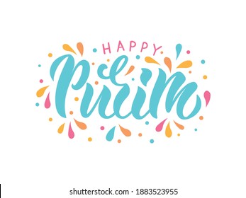 Purim hand drawn lettering text. Jewish Holiday greeting card. Modern brush ink calligraphy. Typography design for card, poster, logo. Vector bright colorful illustration isolated on white background 