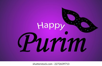 Purim Happy lettering with carnival mask, vector art illustration.