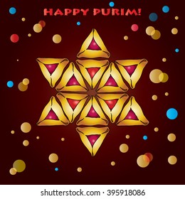 Purim Holiday background. Celebrate the Purim holiday by eating some delicious traditional Hamantashen cookies. These three cornered cookies filled with sweet jams. Abstract illustration Vector