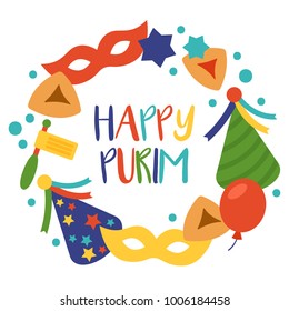 Purim holiday banner design with carnival mask, party hat and hamantaschen cookies. Vector illustration