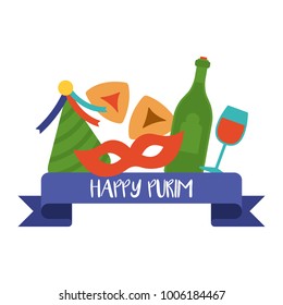 Purim holiday banner design with carnival mask, party hat and hamantaschen cookies. Vector illustration