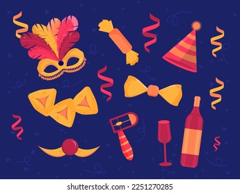 Purim holiday banner design with carnival mask and Purim party elements. Childish print for cards, party invitation and poster. Hebrew text "Happy Purim"