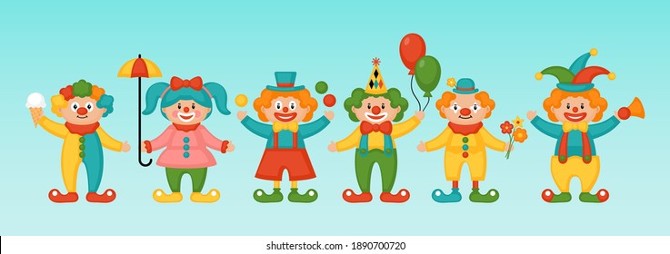 Purim holiday banner design with cute funny cartoon clowns characters