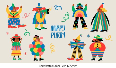 Purim holiday banner design with cute carnival clowns. Childish print for greeting cards, posters, invitations and stickers.