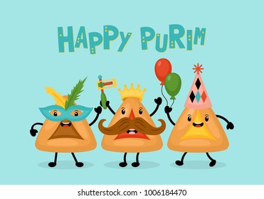 Purim holiday banner design with hamantaschen cookies funny cartoon characters. Vector illustration