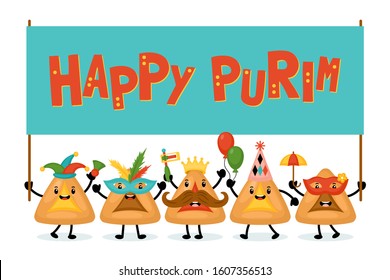 Purim holiday banner design with hamantaschen cookies funny cartoon characters. Vector illustration