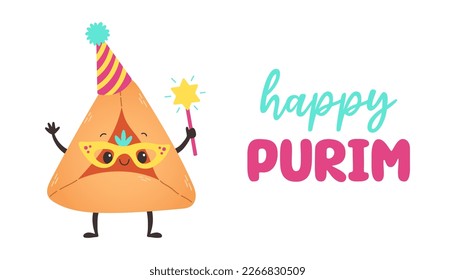 Purim holiday banner design with hamantaschen cookies funny cartoon characters. Happy Purim day