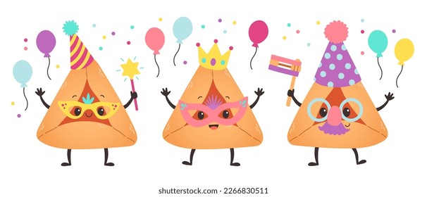 Purim holiday banner design with hamantaschen cookies funny cartoon characters. Happy Purim day