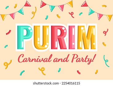 Purim Holiday banner, poster with lettering, greeting card, invitation, vector Carnival and Party announcement, text with confetti on the background.