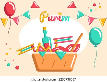 Purim holiday basket with party objects, wine, hamantaschen, mask and beanbags, greeting card, invitation with flags and balloons on the background.