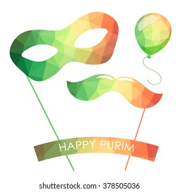 Purim holiday card or banner design. Bright carnival mask, ballon and moustaches. Symbols of purim carnival. Vector low poly triangle style.