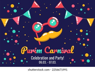 Purim holiday carnival announcement with funny mask with glasses and moustache, flags and confetti on a dark background, greeting, invitation for a jewish holiday.