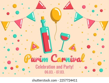 Purim holiday carnival announcement with wine and hamantaschen cookies, flags and confetti on a dark background, greeting, invitation for a jewish holiday.