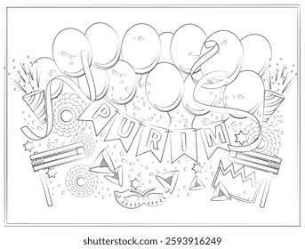 Purim holiday celebration with festive decorations, Hebrew banner "Purim," balloons, groggers, ribbons, party poppers, masks, a crown, Hamantaschen cookies. Black and white outline for coloring