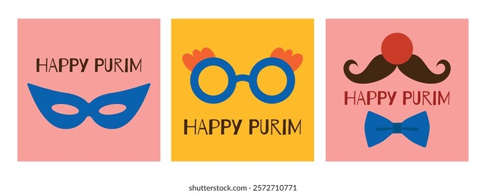 Purim holiday concept, greeting card set. Clown nose, glasses, carnival mask. Bright vector illustration for your holiday.