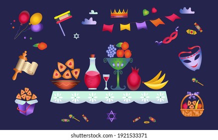 Purim. Holiday concept.Traditional purim symbols, noisemaker, masque, gragger, hamantaschen cookies, crown, star of david, festival decoration, carnival vector ISRAEL, jerusalem
