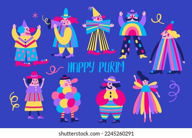 Purim holiday cute carnival clown set. Childish print for greeting cards, posters, invitations and stickers.