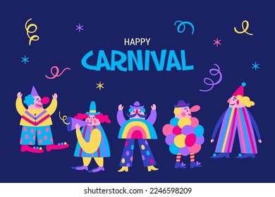 Fiesta de Purim lindo juego de payasos de carnaval. Impresión infantil para tarjetas de felicitación, afiches, invitaciones y stickers.