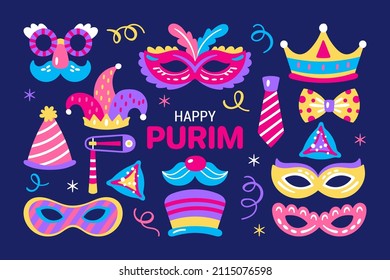 Purim Holiday Cute Carnival Costume Masks And Elements Set. Childish Print For Greeting Cards, Posters, Invitations And Stickers.