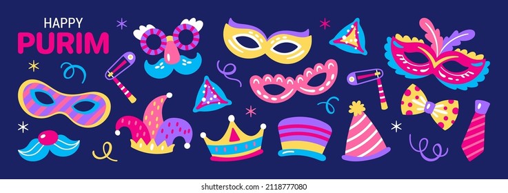 Fiesta de Purim lindo disfraces de carnaval máscaras y elementos diseño de banner. Impresión infantil para tarjetas de felicitación, afiches, invitaciones y stickers.