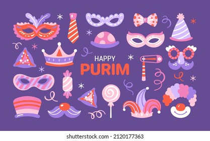 Purim holiday cute carnival costume masks and elements set. Childish print for greeting cards, posters, invitations and stickers.