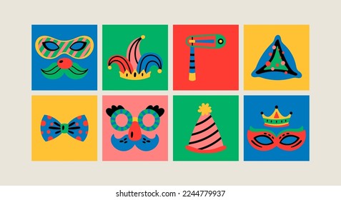 Purim holiday cute carnival costume masks and elements set. Childish print for greeting cards, posters, invitations and stickers.