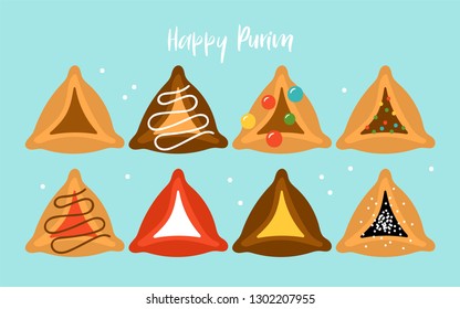 Purim holiday cute hamantaschen cookies set. Childish print for cards, invitations and stickers.