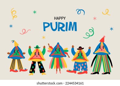 Purim holiday cute hamantaschen cookies character set. Childish print for greeting cards, posters, invitations and stickers.