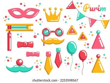 Purir garabatos de vacaciones en estilos planos, elementos de fiesta y carnaval, grupo de objetos de celebración, máscaras, conos de fiesta, bolso, globos, banderas, corona, corbatas. Objetos de doodle decorativos.