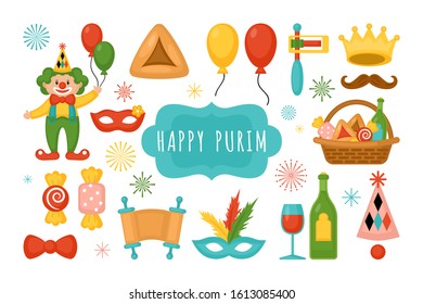 Purim holiday elements set for graphic and web design. Vector illustration