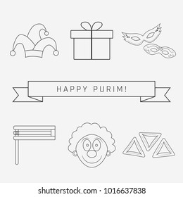 Purim holiday flat design black thin line icons set with text in english Happy Purim. Vector eps10 illustration.