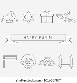 Purim holiday flat design black thin line icons set with text in english Happy Purim. Vector eps10 illustration.