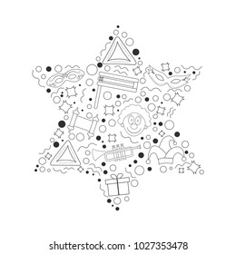 Purim holiday flat design black thin line icons set in star of david shape. Vector eps10 illustration.