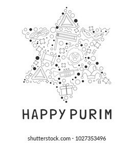 Purim holiday flat design black thin line icons set in star of david shape with text in english "Happy Purim". Vector eps10 illustration.
