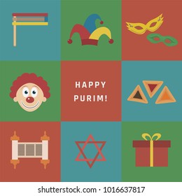 Purim holiday flat design icons set with text in english Happy Purim. Vector eps10 illustration.