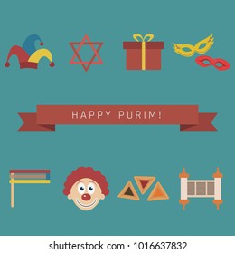 Purim holiday flat design icons set with text in english Happy Purim. Vector eps10 illustration.