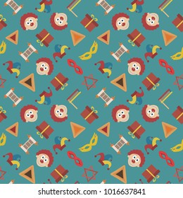 Purim holiday flat design icons seamless pattern. Vector eps10 illustration.