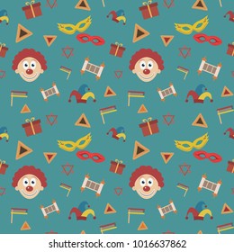 Purim holiday flat design icons seamless pattern. Vector eps10 illustration.