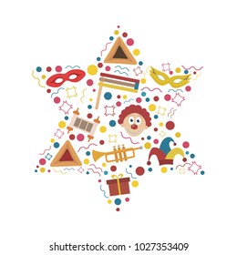 Purim holiday flat design icons set in star of david shape. Vector eps10 illustration.