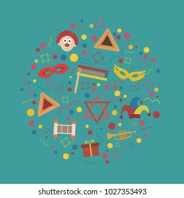 Purim holiday flat design icons set in round shape. Vector eps10 illustration.