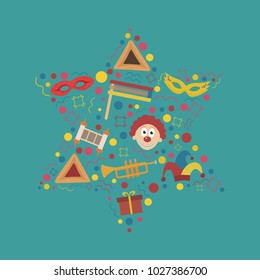 Purim holiday flat design icons set in star of david shape. Vector eps10 illustration.