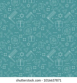 Purim holiday flat design white thin line icons seamless pattern. Vector eps10 illustration.