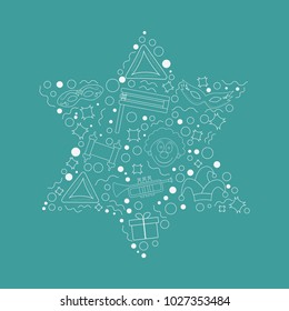 Purim holiday flat design white thin line icons set in star of david shape. Vector eps10 illustration.