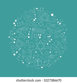 Purim holiday flat design white thin line icons set in round shape. Vector eps10 illustration.