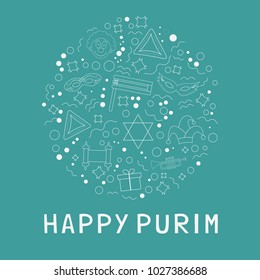 Purim holiday flat design white thin line icons set in round shape with text in english "Happy Purim". Vector eps10 illustration.

