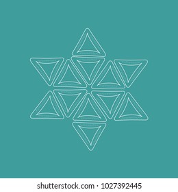 Purim holiday flat design white thin line icons of hamantashs in star of david shape. Vector eps10 illustration.