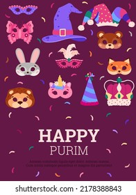 Purim holiday greeting card design with colorful carnival masks flat vector illustration. Purim carnival greeting card, poster or party invitation template.