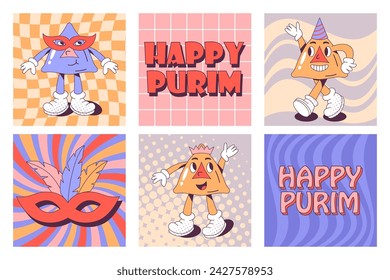 Purim holiday groovy greeting card design set with hamantaschen cookies funny retro cartoon characters. Vector illustration